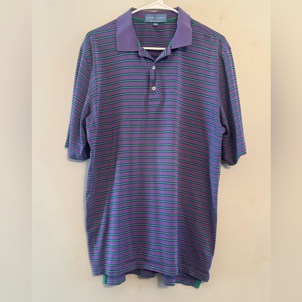 Fairway and Greene Pure performance polo shirt men’s Large purple green stripe